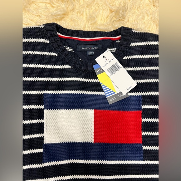TOMMY HILFIGER Men's NAVY BLUE STRIPED Knit FLAG LOGO SWEATER Size XXL - Picture 3 of 5